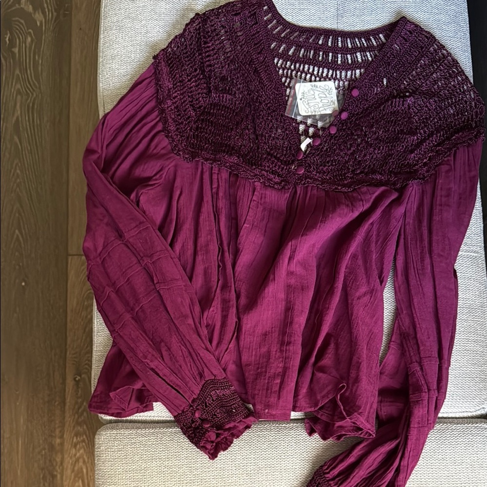 Free people Chic Plum Crochet linen Blouse